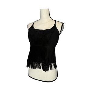 Bebe Top Open Back Strappy Black Leather Suede Fringe Boho Biker 90s Y2K 2